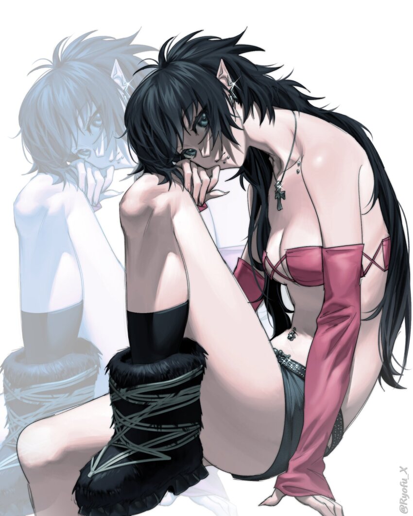 1girl, bandeau, belt, black_belt, black_boots, black_hair, boots, breasts