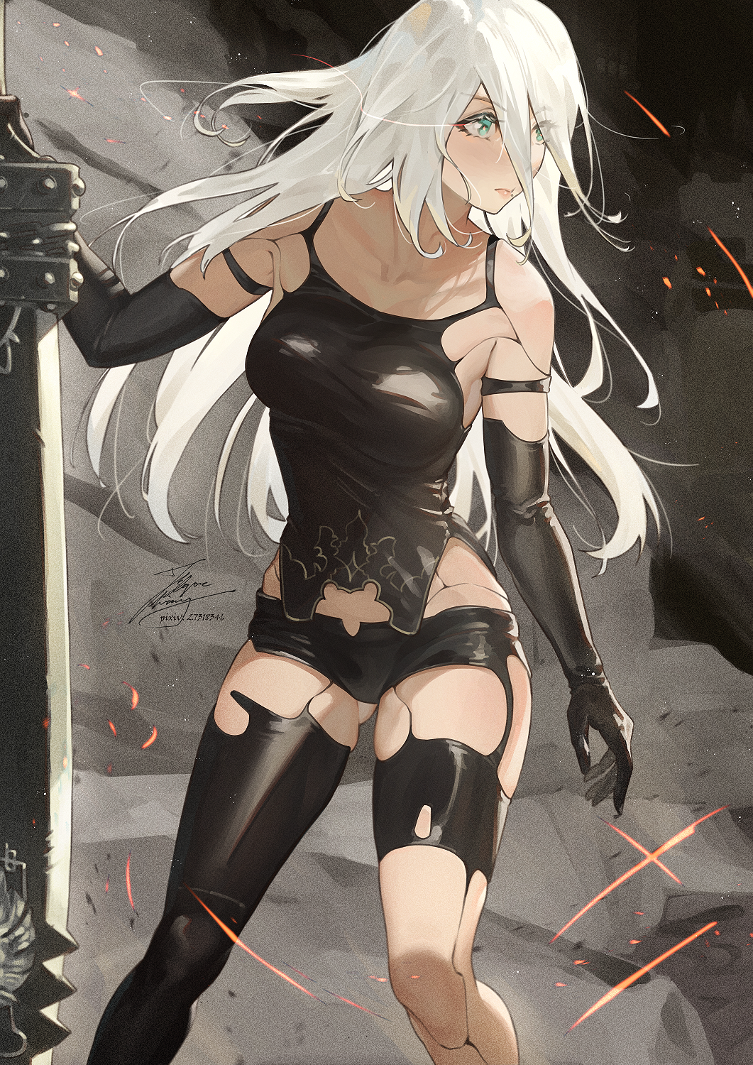1girl, a2_(nier:automata), android, armlet, bare_shoulders, beastlord_(sword), black_gloves, black_tank_top, blue_eyes, elbow_gloves, fadingz, gloves, hair_between_eyes, highres, jewelry, joints, long_hair, nier:automata, nier_(series), robot, robot_joints, science_fiction, shirt, short_shorts, shorts, solo, tank_top, torn_clothes, torn_shirt, white_hair