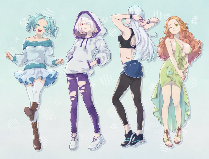 4girls, :d, alternate_costume, aqua_hair, arms_behind_head, arms_up, black_footwear, black_leggings, black_sports_bra, blue_eyes, blue_shorts, boots, bracelet, breasts, brown_footwear, brown_hair, casual, commentary, denim, dress, eyes_visible_through_hair, facing_away, facing_viewer, final_fantasy, final_fantasy_xiv, from_side, green_dress, green_eyes, hair_ornament, hair_over_one_eye, hairclip, halone, hands_in_pockets, head_tilt, highres, hood, hood_up, hoodie, jeans, jewelry, large_breasts, leggings, long_hair, long_sleeves, looking_at_viewer, menphina, multiple_girls, nophica, nymeia, off-shoulder_sweater, off_shoulder, one_eye_closed, open_mouth, outstretched_leg, own_hands_together, pants, parted_bangs, pleated_skirt, red_eyes, sandals, shoes, short_hair, shorts, sideboob, skirt, smile, smirk, sneakers, sodium_sio, sports_bra, standing, standing_on_one_leg, steepled_fingers, strapless, strapless_dress, sweater, swept_bangs, thighhighs, torn_clothes, torn_jeans, torn_pants, torn_sports_bra, twintails, very_long_hair, watch, wavy_hair, white_footwear, white_hair, white_hoodie, white_skirt, white_sweater, white_thighhighs