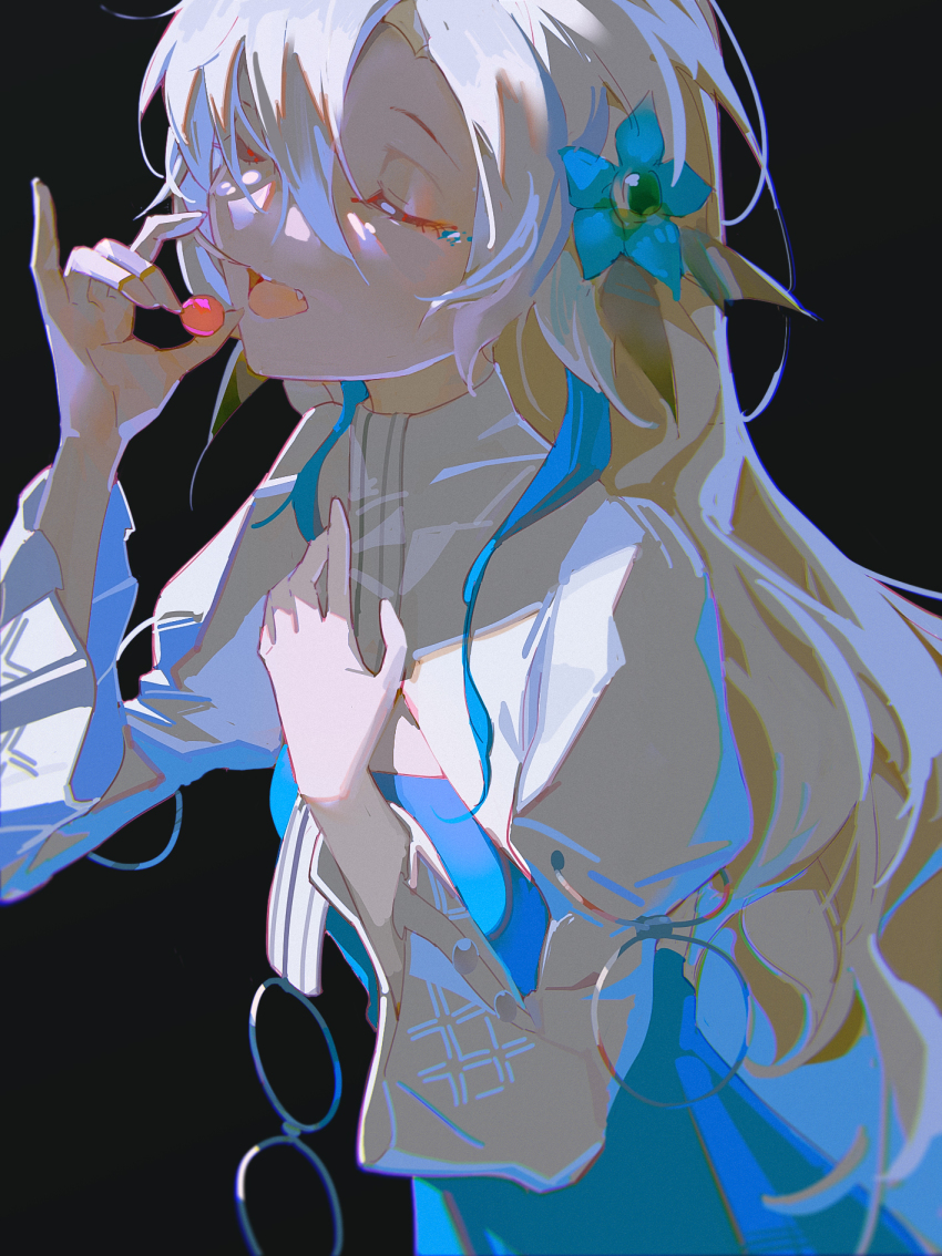 1girl, black_background, blue_flower, blue_hair, bow, cherry, closed_eyes, fang