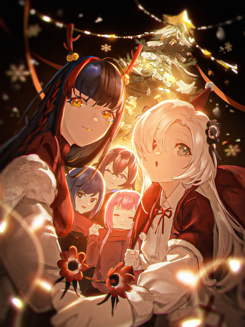 5girls, black_hair, blue_eyes, blue_hair, blunt_bangs, bow, bowtie, braid