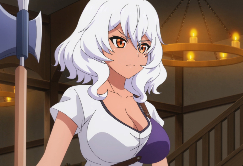 1girl, artoria_gremm, axe, breasts, cleavage, dark-skinned_female, dark_skin, highres