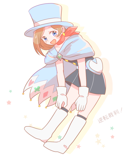 1girl, :d, ace_attorney, blue_eyes, blue_hat, blush, boots, brown_hair