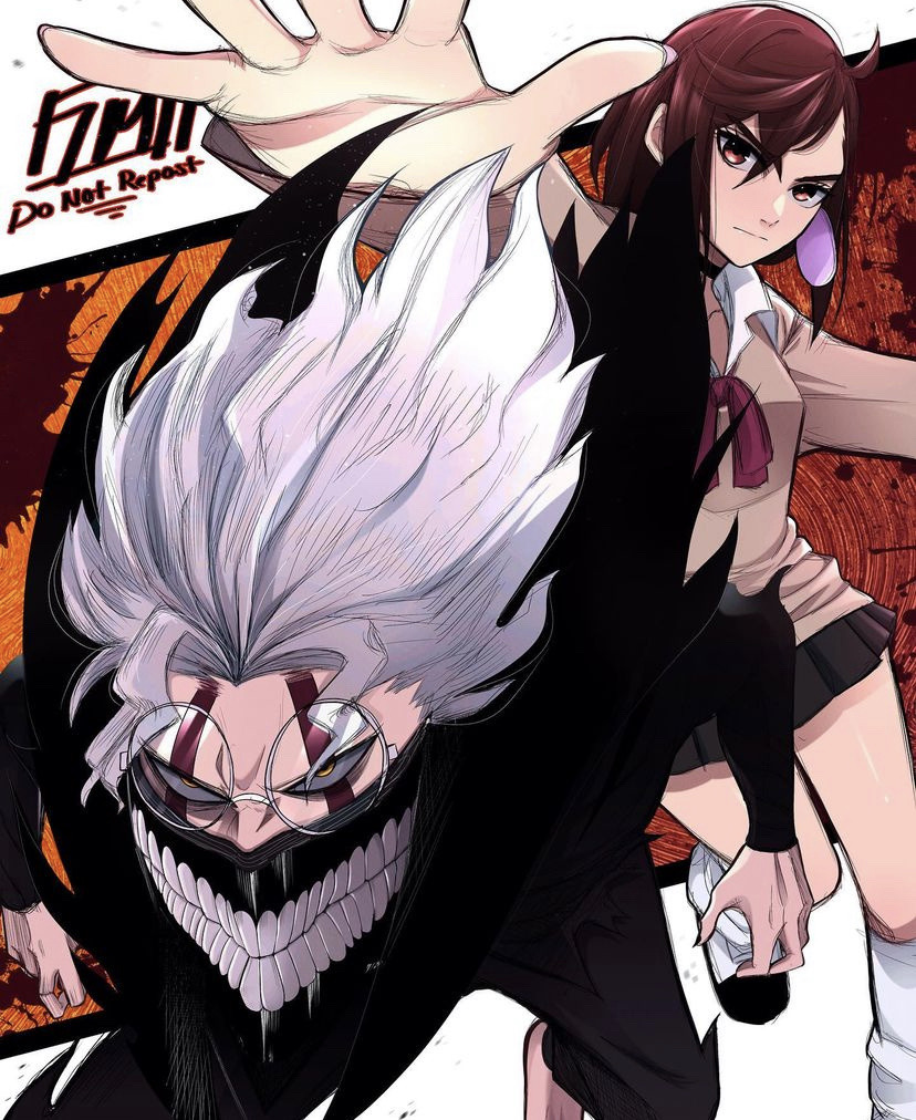 1boy, 1girl, ayase_momo, barefoot, black_choker, brown_cardigan, brown_hair, cardigan, choker, collared_shirt, dandadan, facial_mark, gakuran, hat, hat_ribbon, leg_warmers, looking_at_viewer, mask, medium_hair, mouth_mask, ovotheartist_(kidddovo), pleated_skirt, popped_collar, red_ribbon, ribbon, round_eyewear, school_uniform, shirt, short_hair, skirt, spiked_hair, takakura_ken_(dandadan), takakura_ken_(transformed)_(dandadan), teeth, white_hair, white_shirt, yellow_eyes