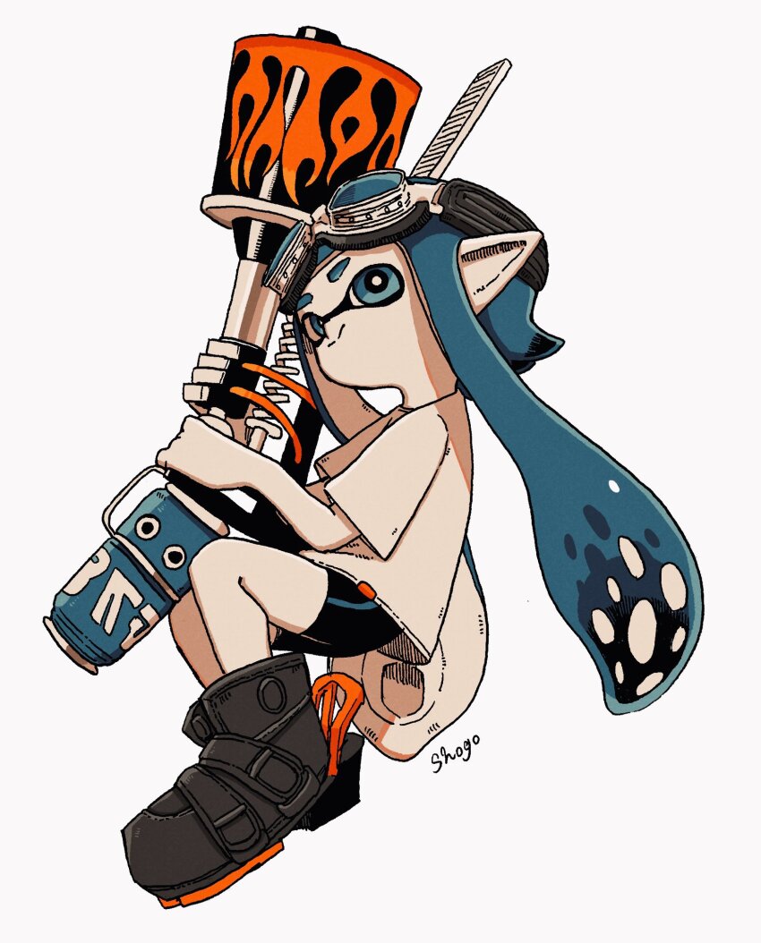 1girl, artist_name, bike_shorts, black_boots, blaster_(splatoon), blue_eyes, blue_hair, boots