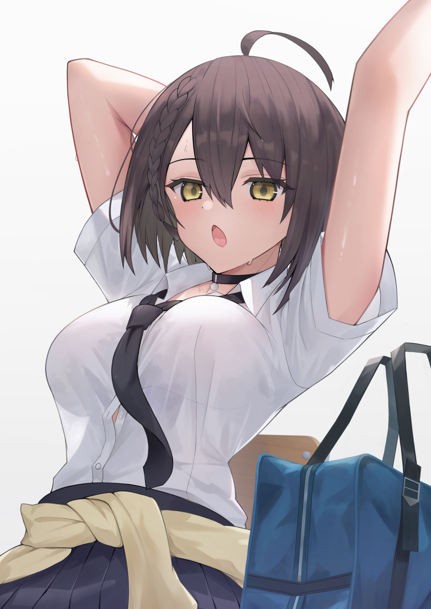 1girl, absurdres, arms_up, azur_lane, bag, baltimore_(after-school_ace)_(azur_lane), baltimore_(azur_lane), black_choker, black_necktie, black_skirt, breasts, brown_hair, choker, clothes_around_waist, collared_shirt, cowboy_shot, hair_between_eyes, highres, large_breasts, loose_necktie, necktie, no_nipples, official_alternate_costume, partially_unbuttoned, school_bag, see-through_clothes, see-through_shirt, see-through_silhouette, shian-chu, shirt, short_sleeves, simple_background, skirt, solo, sweater, sweater_around_waist, tied_sweater, uniform, white_background, white_shirt, yellow_eyes
