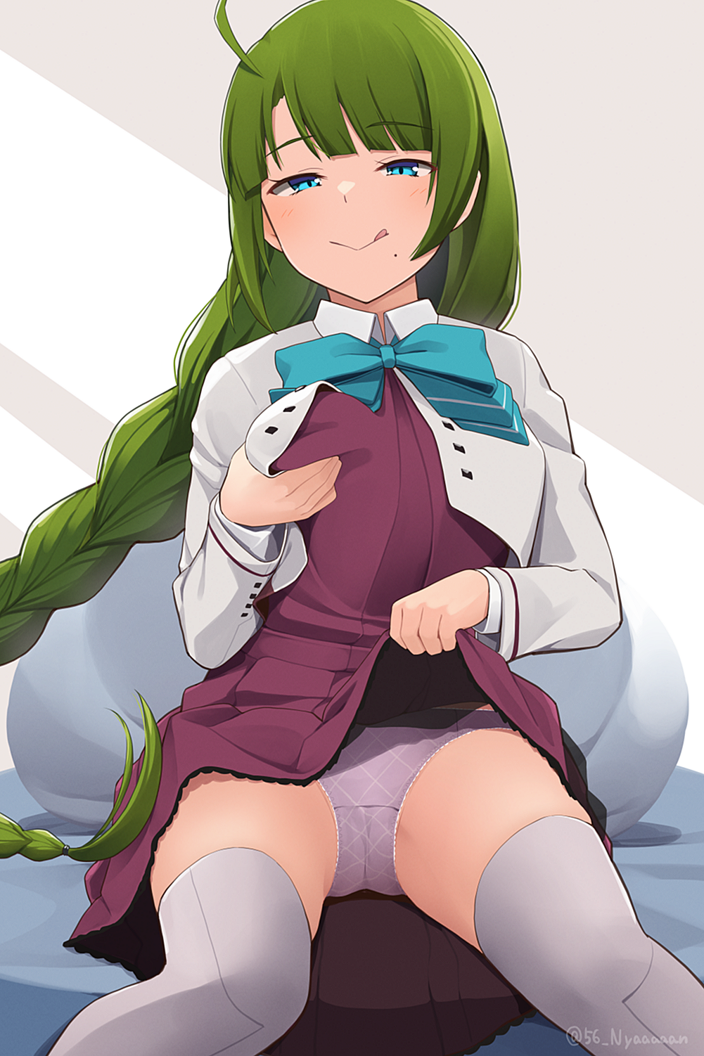 1girl, aqua_bow, aqua_bowtie, befu, blue_eyes, blush, bow, bowtie, braid, closed_mouth, clothes_lift, dress, dress_lift, green_hair, grey_thighhighs, highres, kantai_collection, lifting_own_clothes, long_hair, long_sleeves, mole, mole_under_eye, panties, pleated_dress, purple_dress, purple_panties, single_braid, smile, solo, thighhighs, tongue, tongue_out, underwear, yuugumo_(kancolle), yuugumo_kai_ni_(kancolle)