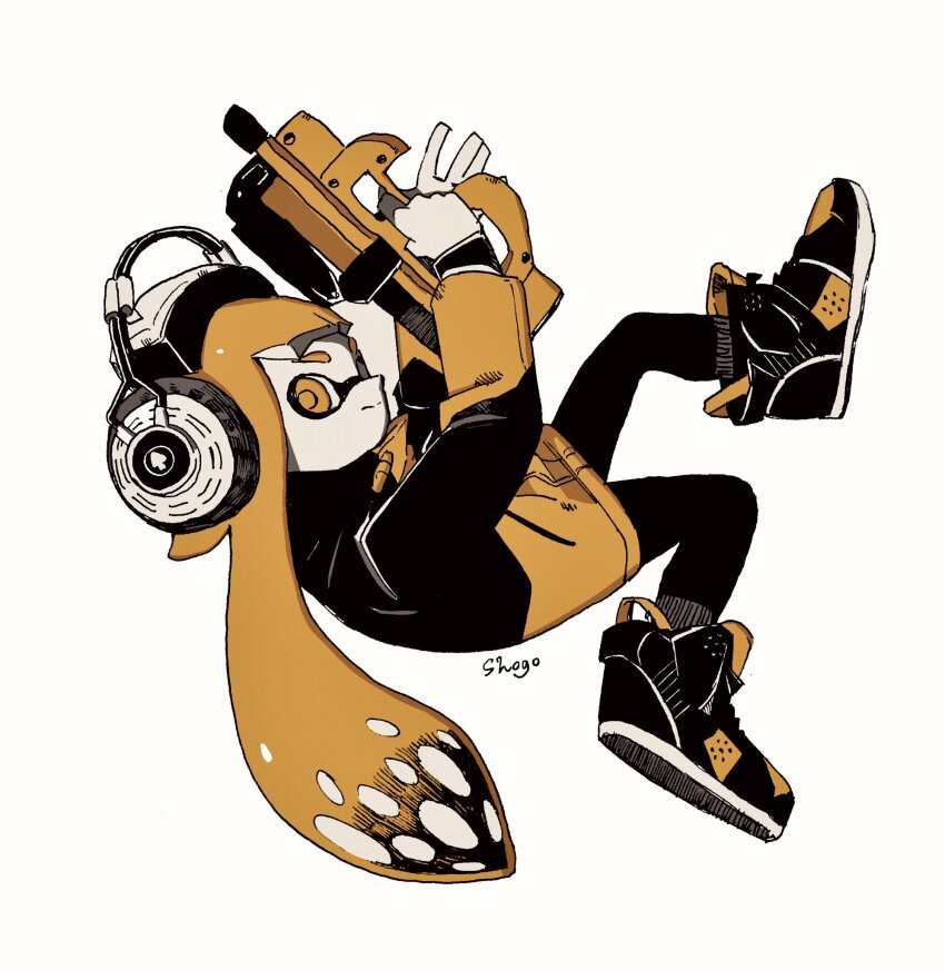 1girl, arms_up, artist_name, black_hair, black_leggings, black_shoes, blunt_bangs, closed_mouth