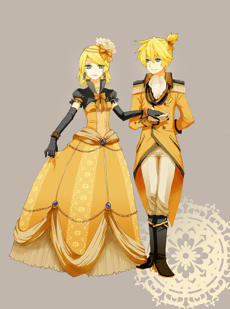 1boy, 1girl, aku_no_meshitsukai_(vocaloid), aku_no_musume_(vocaloid), allen_avadonia, bad_id, bad_pixiv_id, blonde_hair, bow, brother_and_sister, daughter_of_evil, dress, earrings, elbow_gloves, evillious_nendaiki, formal_clothes, gloves, gown, green_eyes, hair_bow, hair_ornament, holding_hands, hetero, irono_(irtyu), jewelry, kagamine_len, kagamine_rin, necklace, riliane_lucifen_d'autriche, siblings, twins, vocaloid