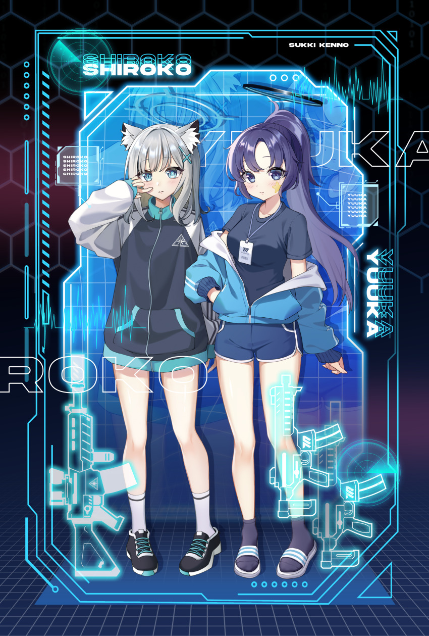 2girls, absurdres, assault_rifle, blue_archive, blue_eyes, cute_took, dolphin_shorts, grey_hair