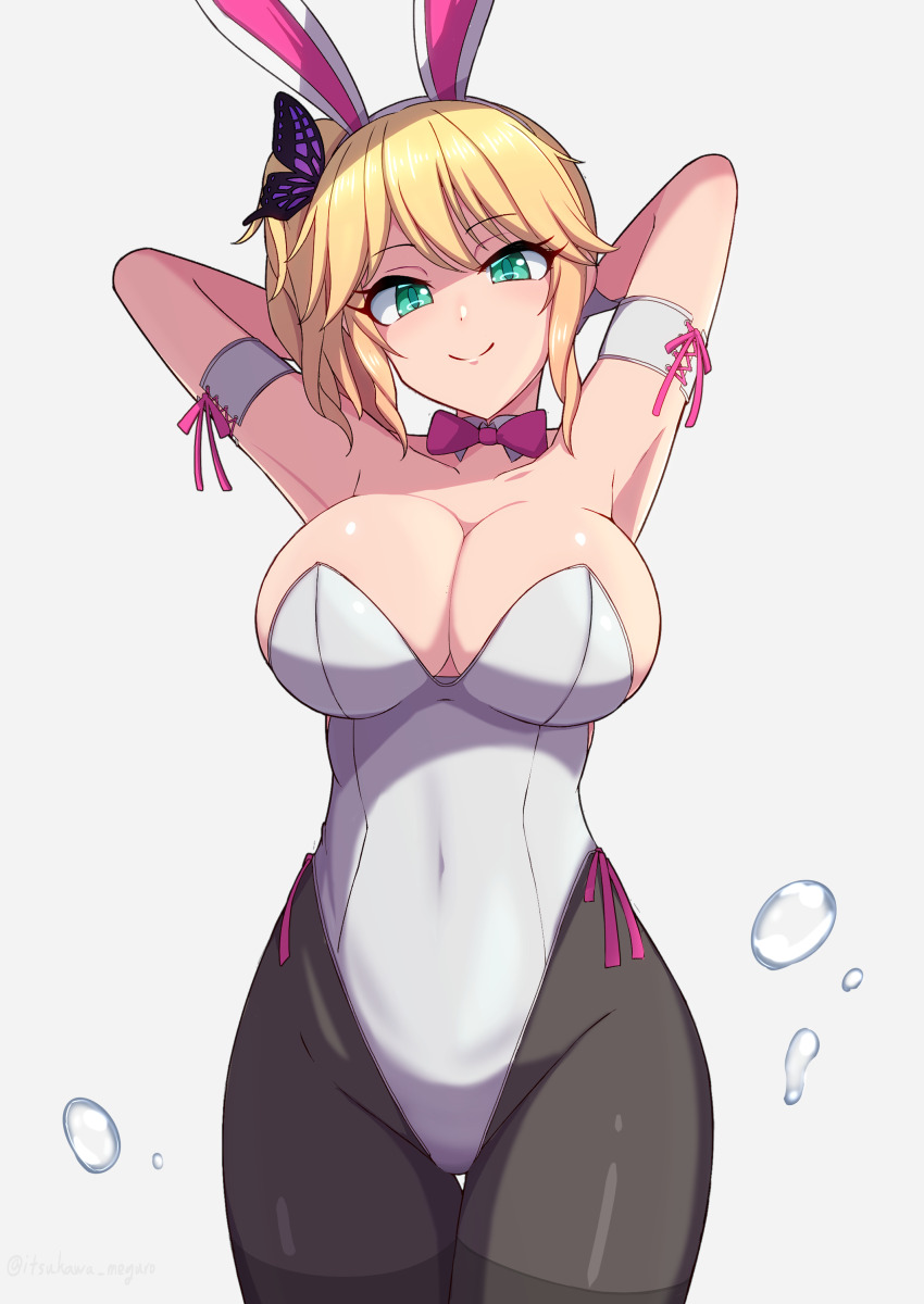 1girl, absurdres, animal_ears, arm_strap, arms_behind_head, arms_up, bare_shoulders, black_pantyhose, blonde_hair, bow, bowtie, breasts, butterfly_hair_ornament, cleavage, closed_mouth, collarbone, commentary, covered_navel, cowboy_shot, detached_collar, dolphin_wave, fake_animal_ears, gotokawa_meguro, green_eyes, grey_background, groin, hair_ornament, hairband, high_side_ponytail, highleg, highleg_leotard, highres, izumi_kiri, large_breasts, leotard, looking_at_viewer, pantyhose, pink_bow, pink_bowtie, pink_ribbon, playboy_bunny, rabbit_ears, ribbon, short_hair, side-tie_leotard, side_ponytail, simple_background, smile, solo, standing, strapless, strapless_leotard, thigh_gap, thighband_pantyhose, water_drop, white_hairband, white_leotard