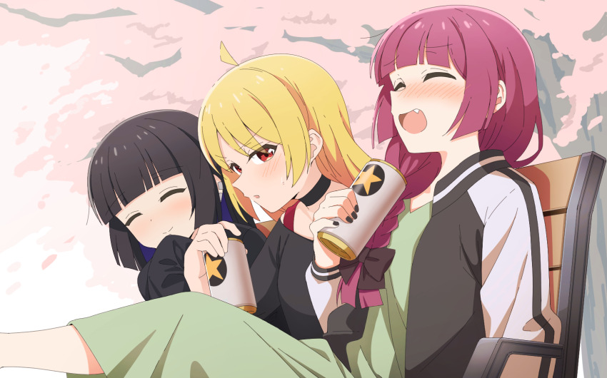 3girls, ahoge, beer_can, black_bow, black_choker, black_hair, black_jacket, black_nails
