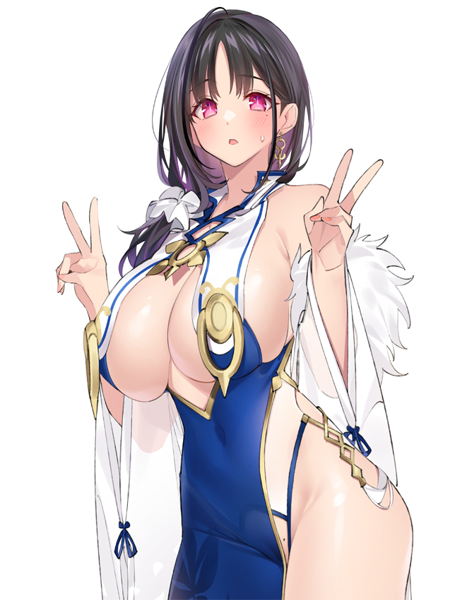 1girl, azur_lane, bare_shoulders, black_hair, blue_dress, blush, breasts, cleavage, cleavage_cutout, clothing_cutout, detached_sleeves, double_v, dress, earrings, fur_trim, hair_over_shoulder, jewelry, large_breasts, long_hair, looking_at_viewer, mole, mole_on_crotch, mole_under_eye, open_mouth, pink_eyes, popqn, see-through_clothes, side_slit, sideboob, solo, sweatdrop, thighs, ting_an_(azur_lane), v, white_background, wide_sleeves
