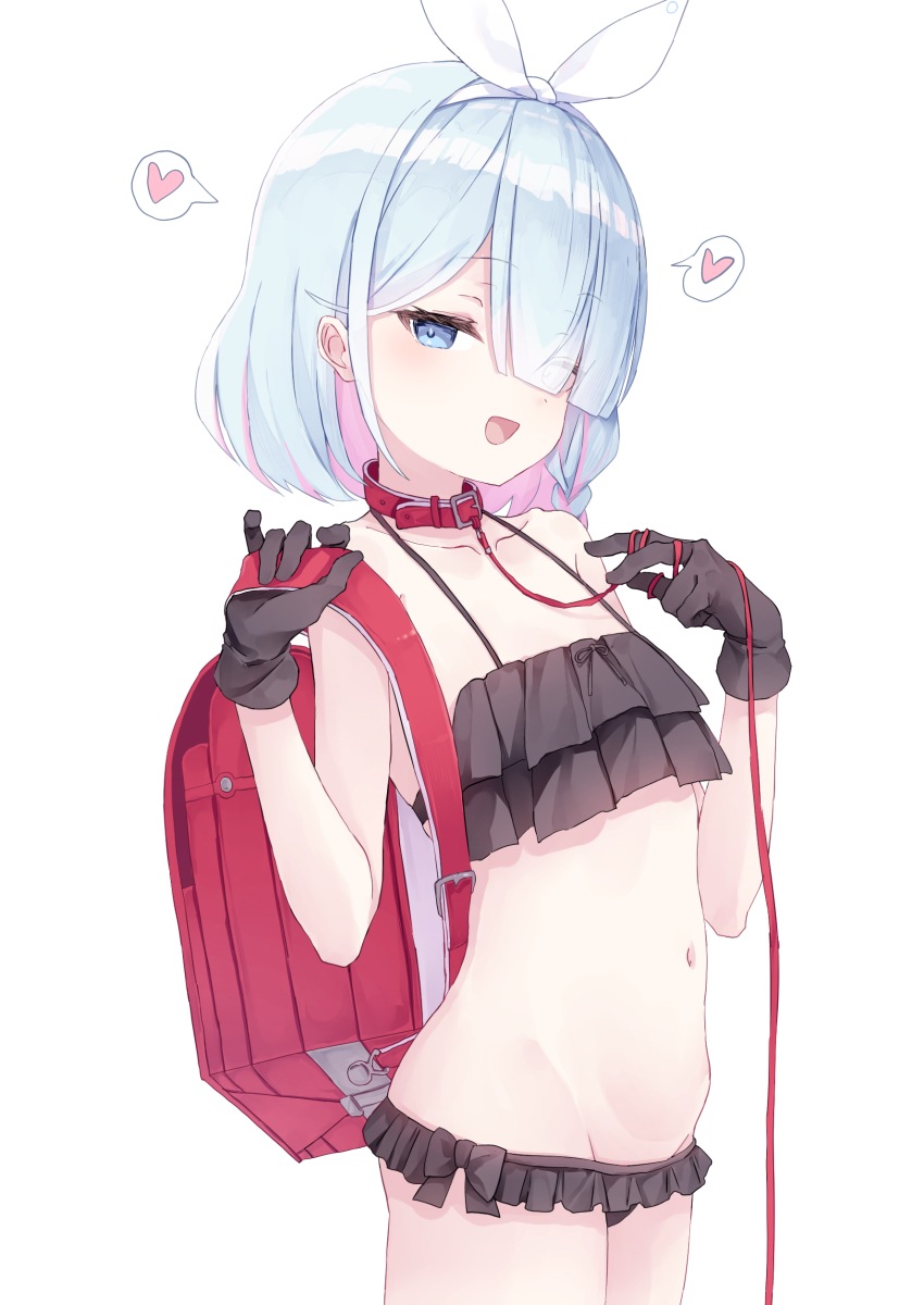 1girl, absurdres, arona_(blue_archive), backpack, bag, bikini, black_bikini, black_gloves