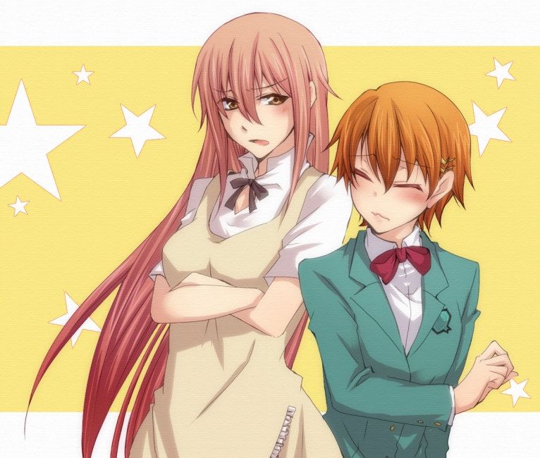 1boy, 1girl, apron, bad_id, bad_pixiv_id, blazer, blush, couple, crossdressing, crossed_arms, closed_eyes, hetero, inami_mahiru, jacket, long_hair, naho_(pi988y), orange_hair, pink_hair, school_uniform, short_hair, takanashi_kotori, takanashi_souta, trap, waitress, wig, working!!, yuna_(artist), yuna_(pi988y)