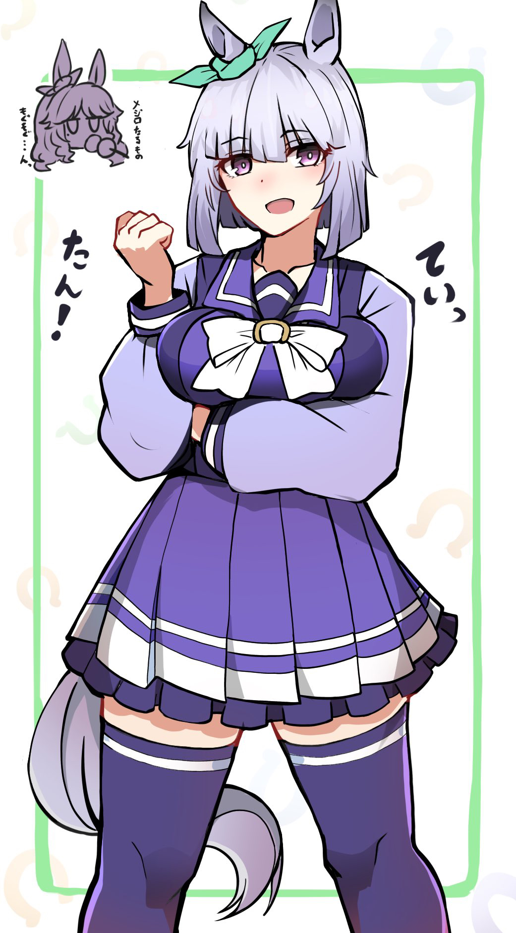 2girls, aqua_bow, arm_under_breasts, border, bow, bowtie, character_name, clenched_hand