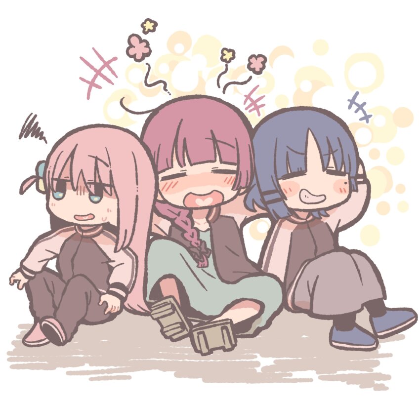 3girls, alternate_costume, black_jacket, blue_eyes, blue_footwear, blue_hair, blunt_bangs, blush