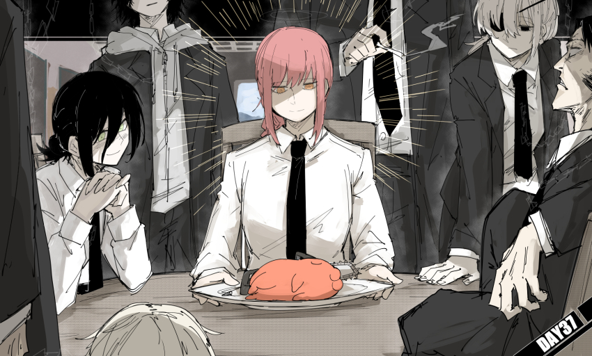 barem_(chainsaw_man), black_hair, black_necktie, chainsaw_man, chair, character_request, closed_mouth, desk