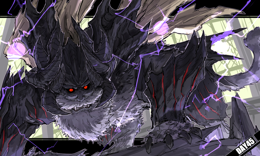 black_sclera, clenched_teeth, colored_sclera, dyaus_pita, god_eater, highres, kankan33333, looking_at_viewer, monster, red_eyes, teeth