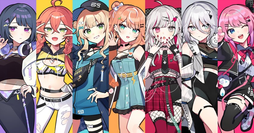 6+girls, ahoge, aqua_dress, baseball_cap, belt, black_belt, black_choker, black_gloves