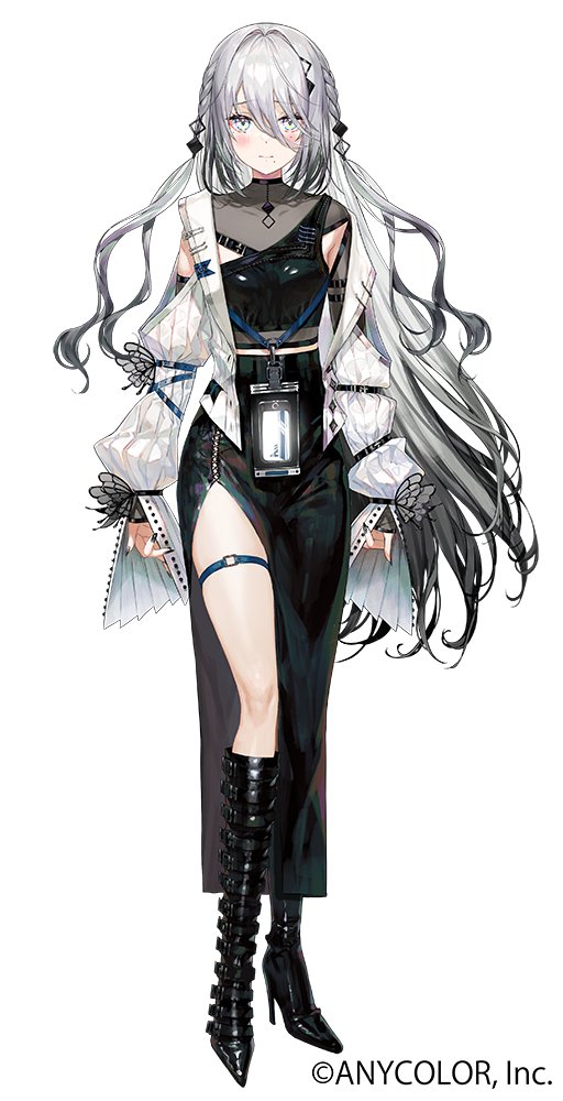 1girl, black_boots, black_choker, black_dress, black_hair, blush, boots, braid, breasts, choker, copyright_name, dress, full_body, gradient_hair, grey_eyes, grey_hair, grey_jacket, hair_ornament, high_heels, id_card, jacket, knee_boots, lanyard, long_hair, long_sleeves, looking_at_viewer, medium_breasts, mole, mole_under_mouth, multicolored_hair, nijisanji, official_art, open_clothes, open_jacket, side_slit, simple_background, sleeves_past_fingers, sleeves_past_wrists, solo, sophia_valentine, sophia_valentine_(1st_costume), tachi-e, thigh_strap, twin_braids, virtual_youtuber, white_background, yadapot