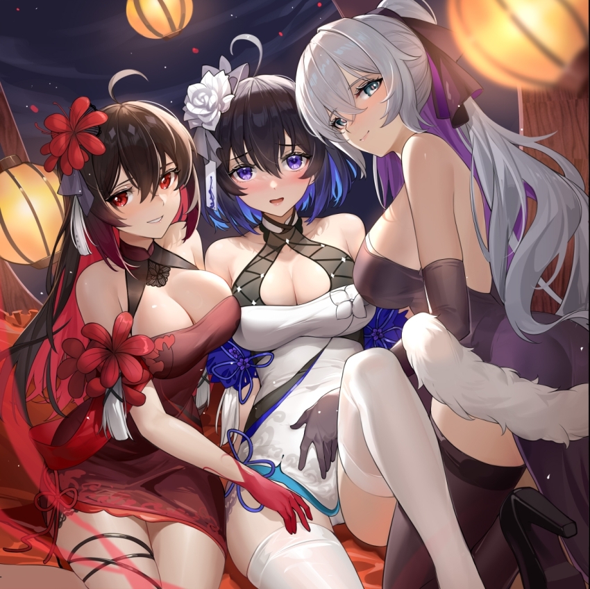 3girls, ahoge, bad_id, bad_pixiv_id, black_footwear, black_gloves, black_thighhighs, blue_eyes