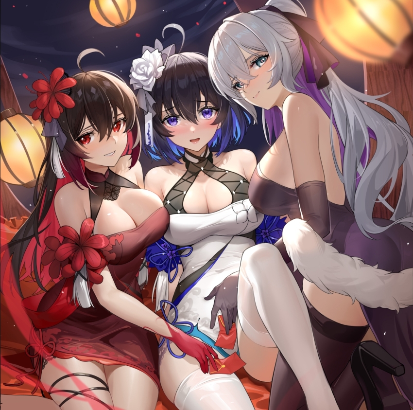 3girls, ahoge, bad_id, bad_pixiv_id, black_footwear, black_gloves, black_thighhighs, blue_eyes, blue_hair, blush, breasts, bronya_zaychik, bronya_zaychik_(silverwing:_n-ex), cleavage, closed_mouth, colored_inner_hair, dress, elbow_gloves, envelope, gloves, grey_hair, grin, holding, holding_envelope, honkai_(series), honkai_impact_3rd, large_breasts, long_hair, looking_at_viewer, multicolored_hair, multiple_girls, open_mouth, ponytail, red_dress, red_eyes, red_hair, seele_(alter_ego), seele_vollerei, seele_vollerei_(mirrored_flourishes), seele_vollerei_(starchasm_nyx), seele_vollerei_(stygian_nymph), shenqi_xiao_hong_zai_nali, shoes, short_hair, sitting, smile, thighhighs, white_dress, white_thighhighs