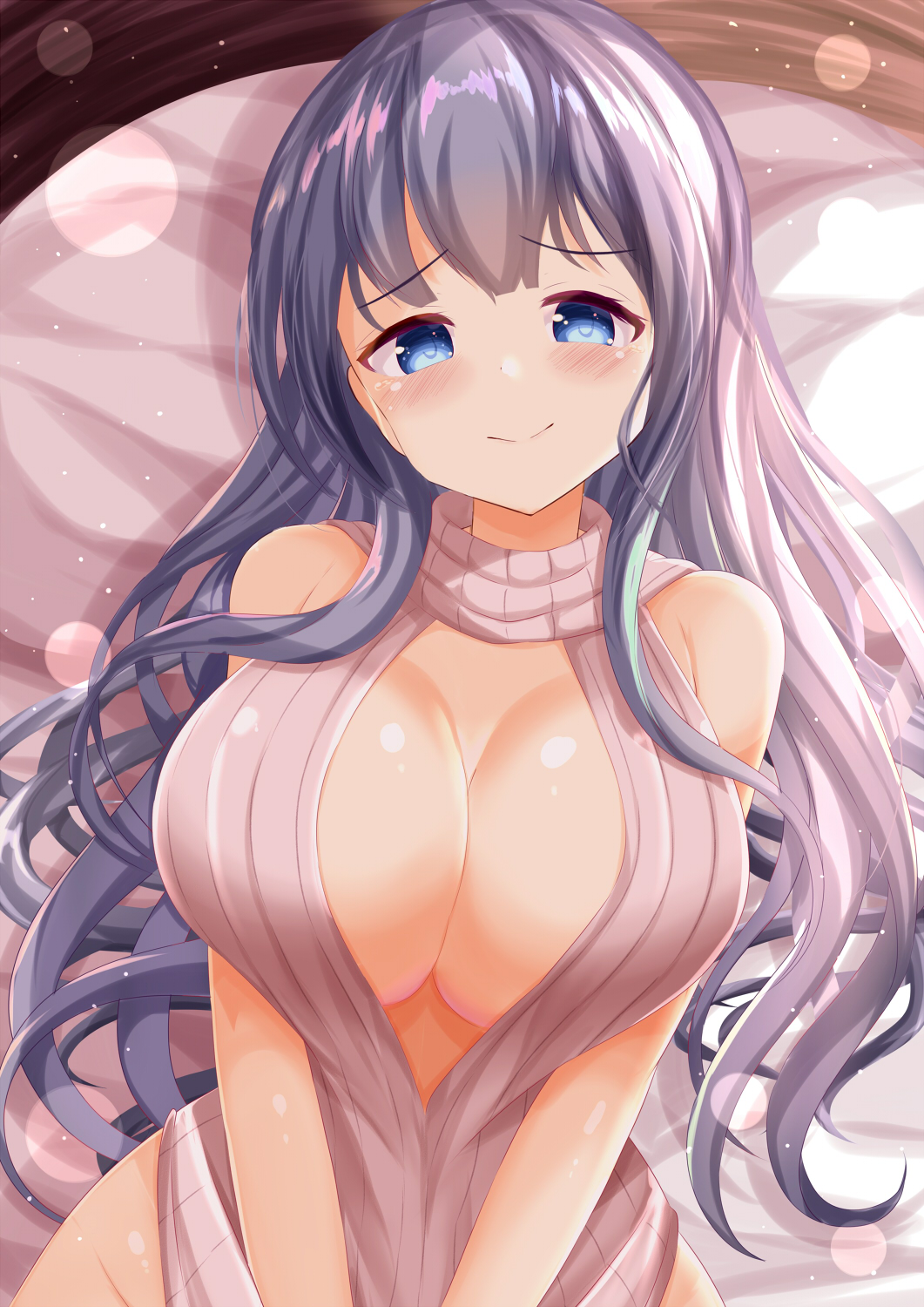 1girl, black_hair, blue_eyes, blush, breasts, cleavage, closed_mouth, commentary_request