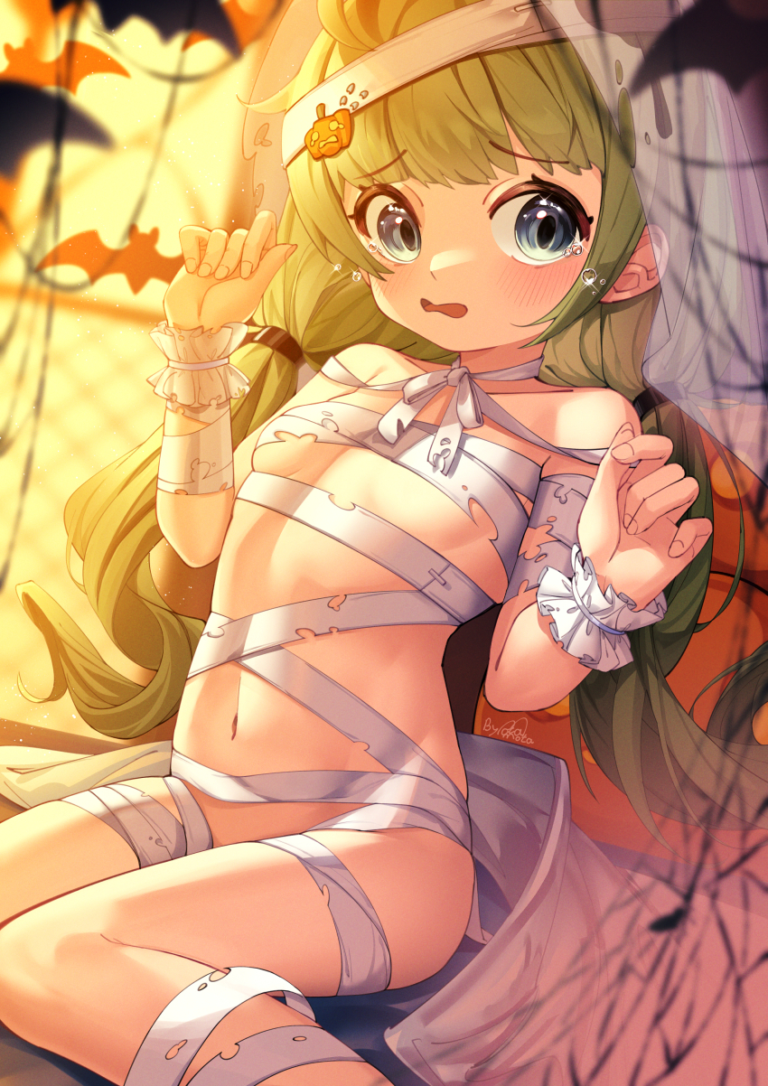 1797928123, 1girl, absurdres, ahoge, alternate_costume, ash_arms, bandages, blue_eyes, blurry, blurry_background, blush, breasts, bt-7_(ash_arms), commentary_request, green_hair, halloween, highres, long_hair, mummy_costume, open_mouth, sitting, small_breasts, solo, tears