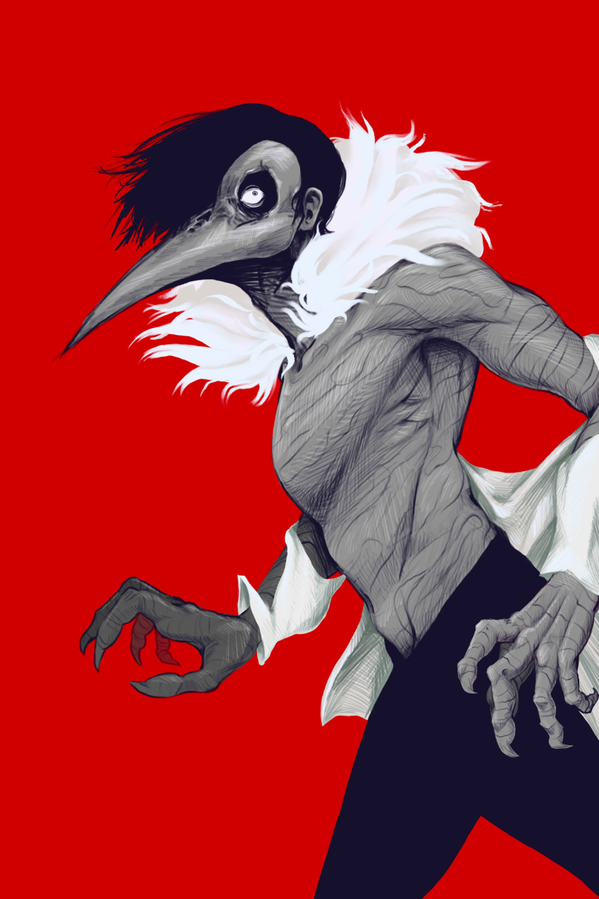 artaeopteryx, beak, bestial_choujin, black_hair, choujin_x, cowboy_shot, feather_collar, greyscale_with_colored_background