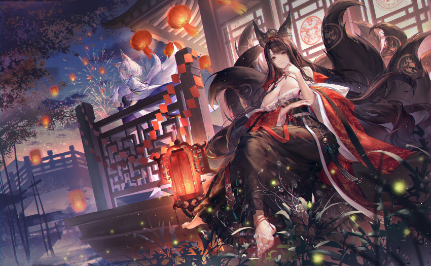 2girls, absurdres, aerial_fireworks, akagi_(azur_lane), akagi_(dawn_phoenix's_summons)_(azur_lane), animal_ears, architecture, azur_lane