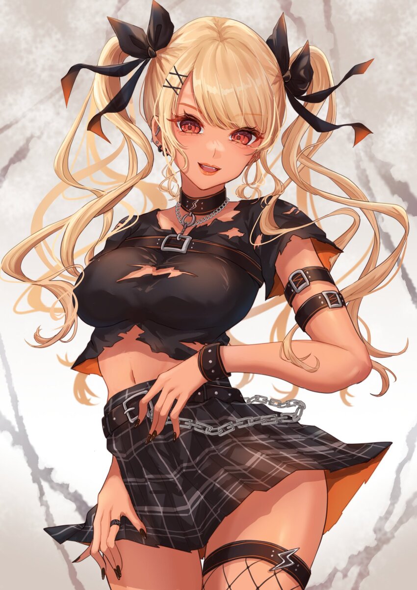 1girl, arm_strap, belt, black_choker, black_shirt, blonde_hair, breasts, chain, checkered_clothes, checkered_skirt, chest_strap, choker, cleavage, cleavage_cutout, clothing_cutout, cropped_shirt, dark_skin, fingernails, fishnet_thighhighs, fishnets, hair_ornament, hair_ribbon, hair_strand, hand_on_own_thigh, highres, jewelry, kaminari_qpi, large_breasts, lightning_bolt_print, long_fingernails, looking_at_viewer, medium_breasts, miniskirt, miya_(_32miya107), navel, plaid_clothes, plaid_skirt, red_eyes, ribbon, ring, shirt, simple_background, skirt, solo, standing, swept_bangs, thighhighs, thighs, torn_clothes, twintails, two-sided_fabric, virtual_youtuber, vspo!, x_hair_ornament