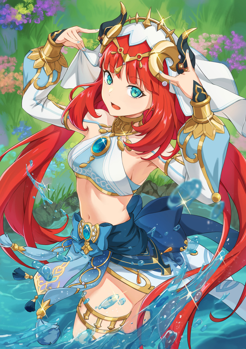 1girl, absurdres, armpits, arms_up, blue_bow, blue_gem, blue_nails, blue_skirt