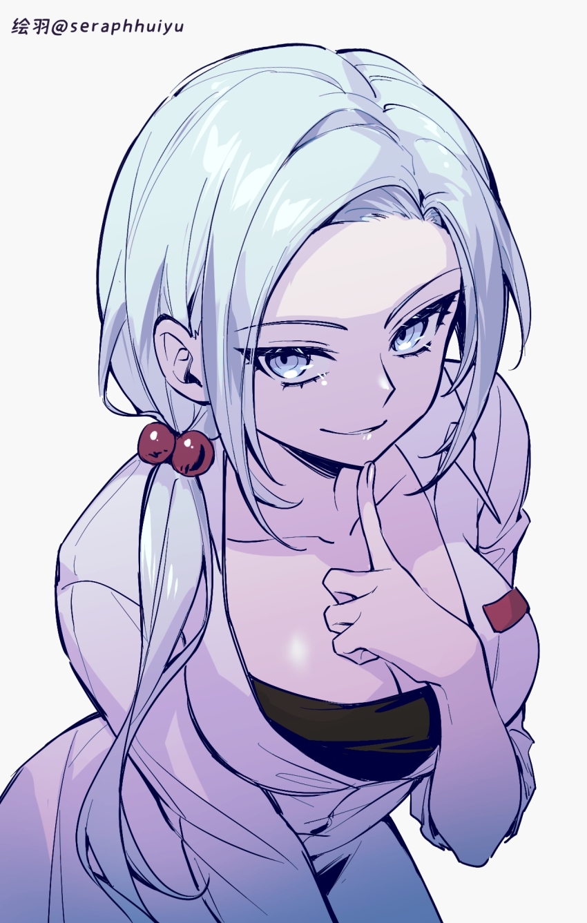 1girl, black_shirt, blue_hair, breasts, chinese_commentary, cleavage, commentary_request, enomoto_noa, ewa_(seraphhuiyu), hair_bobbles, hair_ornament, highres, jumpsuit, large_breasts, light_blue_hair, low_ponytail, low_side_ponytail, naughty_face, ponytail, saibou_shinkyoku, shirt, side_ponytail, simple_background, smile, solo, white_background, white_jumpsuit