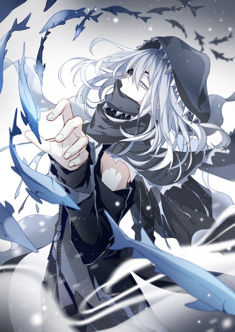1boy, bishounen, black_jacket, black_pants, black_scarf, black_sleeves, caviar_(food_fantasy), chinese_commentary, commentary_request, covered_mouth, cowboy_shot, detached_sleeves, eyelashes, eyepatch, fish, floating_hair, food_fantasy, gradient_background, grey_background, grey_eyes, grey_hair, hair_between_eyes, hood, hood_up, jacket, kageuri, long_sleeves, looking_at_viewer, looking_to_the_side, male_focus, medium_hair, one_eye_covered, pants, scarf, sidelocks, sleeveless, sleeveless_jacket, solo, standing, white_background, zipper, zipper_pull_tab