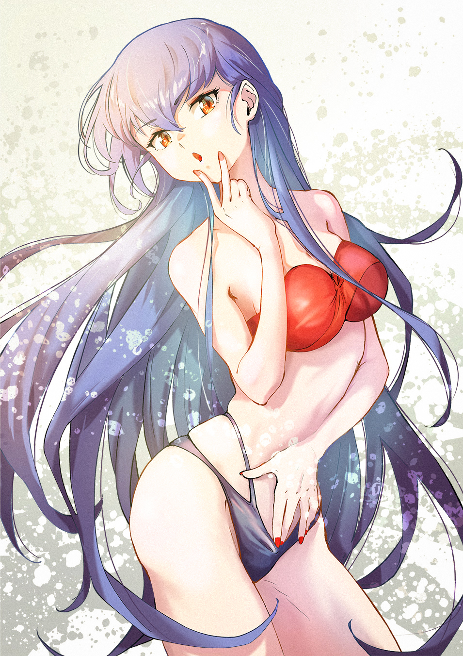 1girl, arakan, bare_shoulders, bikini, black_bikini, breasts, commentary_request, fingernails