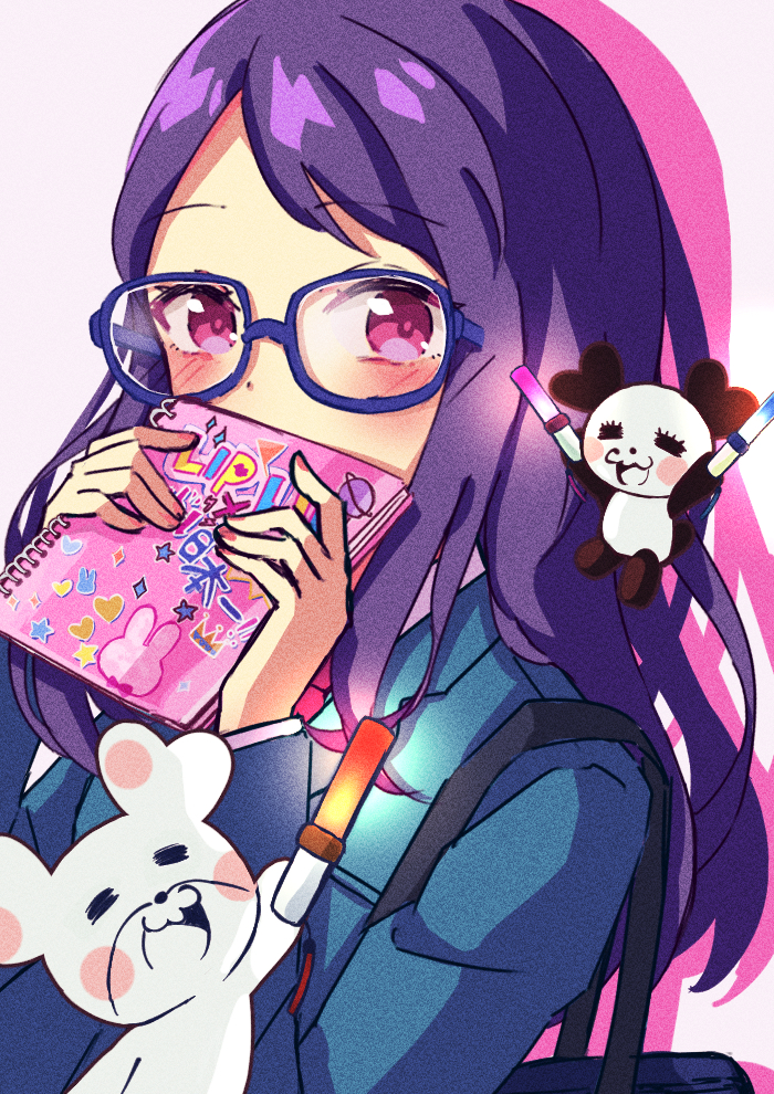 1girl, =_=, bag, blazer, blue-framed_eyewear, blue_bag, blue_jacket, blush