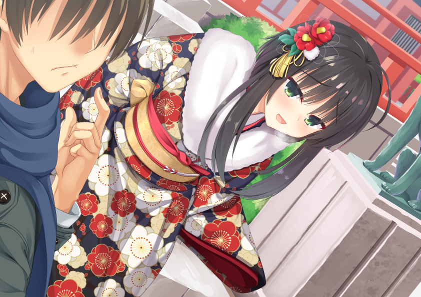 1boy, 1girl, 8kumagawa_(log), ahoge, arichi_masaomi, arms_behind_back, black_hair, black_kimono