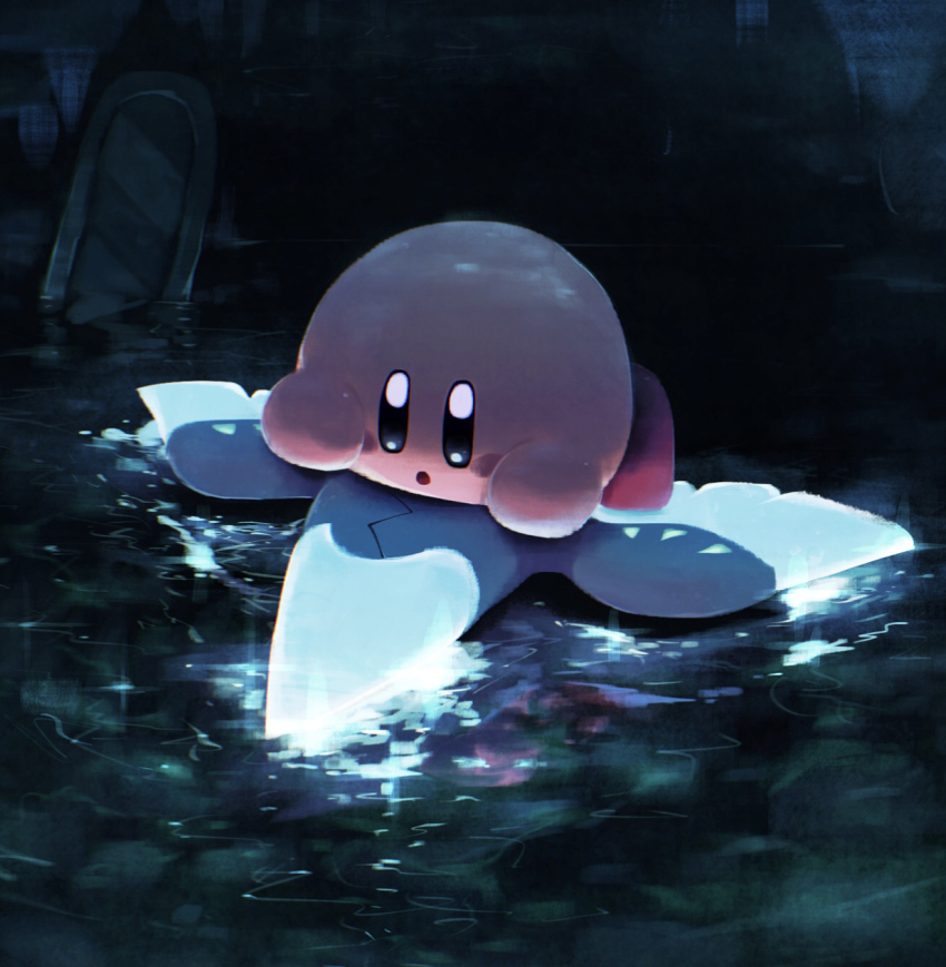 1other, blue_eyes, blush_stickers, commentary_request, highres, kirby, kirby_(series), kirby_air_ride, lens_flare, looking_down, nintendo, no_humans, open_mouth, reflection, reflective_liquid, suyasuyabi, water, wing_star