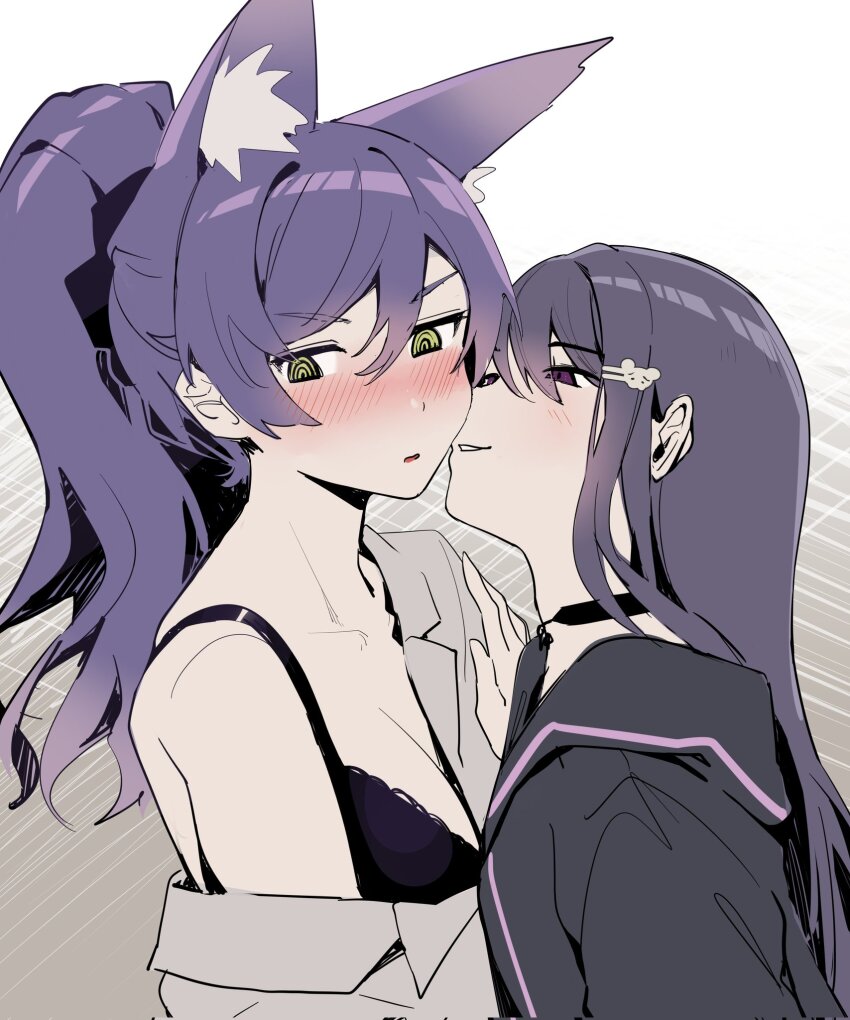 2girls, @_@, animal_ear_fluff, animal_ears, black_bra, black_choker, black_hoodie, blush