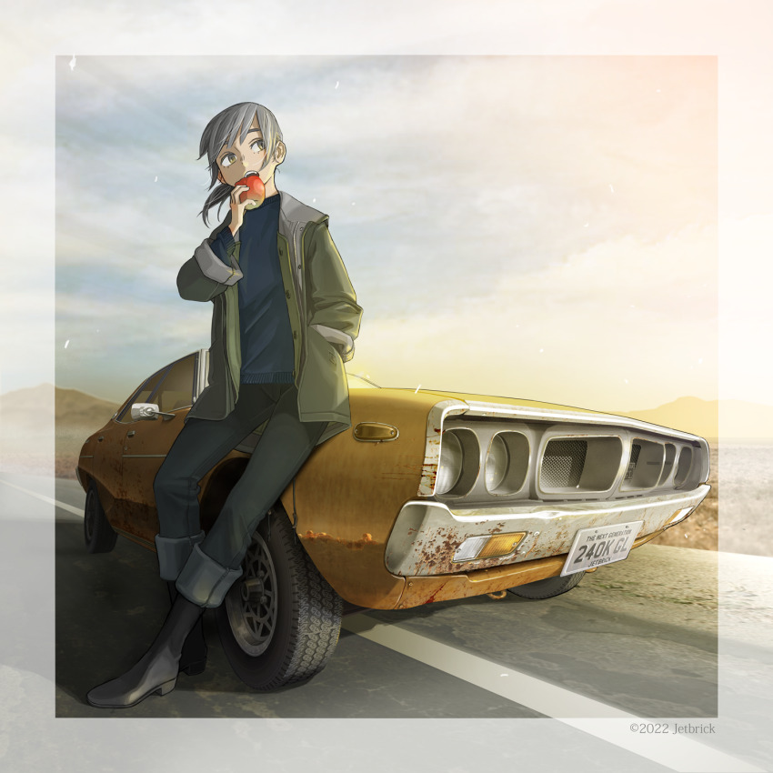 1girl, apple, black_hair, blue_sweater, boots, car, commentary_request, eating, evening, food, fruit, green_jacket, grey_pants, hand_in_pocket, hand_up, highres, holding, holding_food, holding_fruit, jacket, jettoburikku, license_plate, motor_vehicle, nissan_skyline, nissan_skyline_c110, original, outdoors, pants, rust, short_hair, solo, sweater
