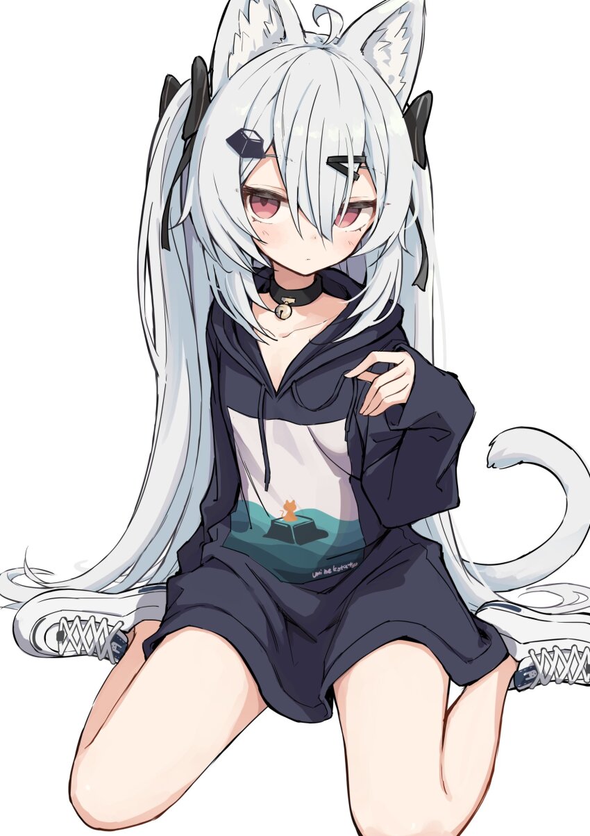 1girl, absurdres, animal_ear_fluff, animal_ears, bell, black_choker, black_hoodie, cat_ears
