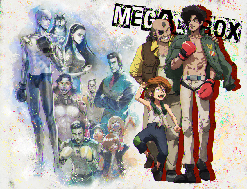 2girls, 6+boys, abuhachi_(megalo_box), aragaki_(megalo_box), belt, black_footwear, black_hair, bonjiri_(megalo_box)
