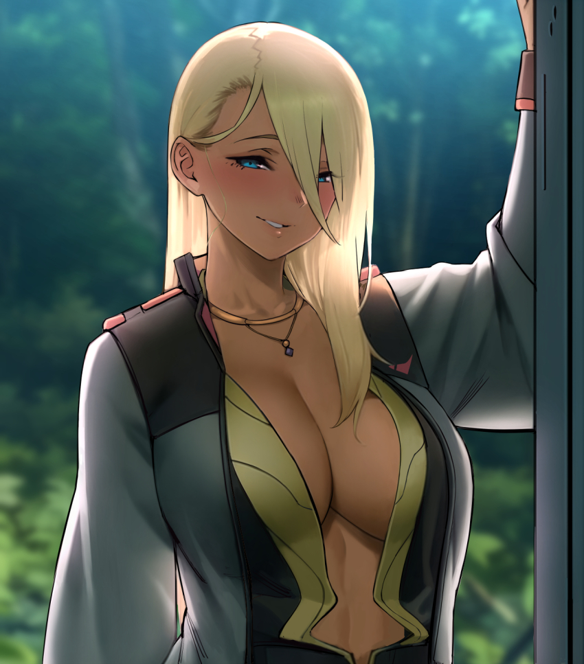 backlighting, blonde_hair, blue_eyes, blush, breasts, cleavage, cleavage_cutout, clothing_cutout, dark-skinned_female, dark_skin, doorway, forest, genderswap, genderswap_(mtf), gundam, gundam_suisei_no_majo, highres, jewelry, large_breasts, long_hair, looking_at_viewer, nature, necklace, otosama, shaddiq_zenelli