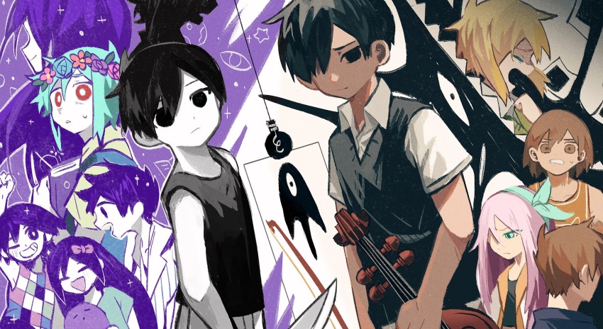 3girls, 6+boys, :d, ^_^, aqua_hairband, arm_up, aubrey_(faraway)_(omori), aubrey_(headspace)_(omori)