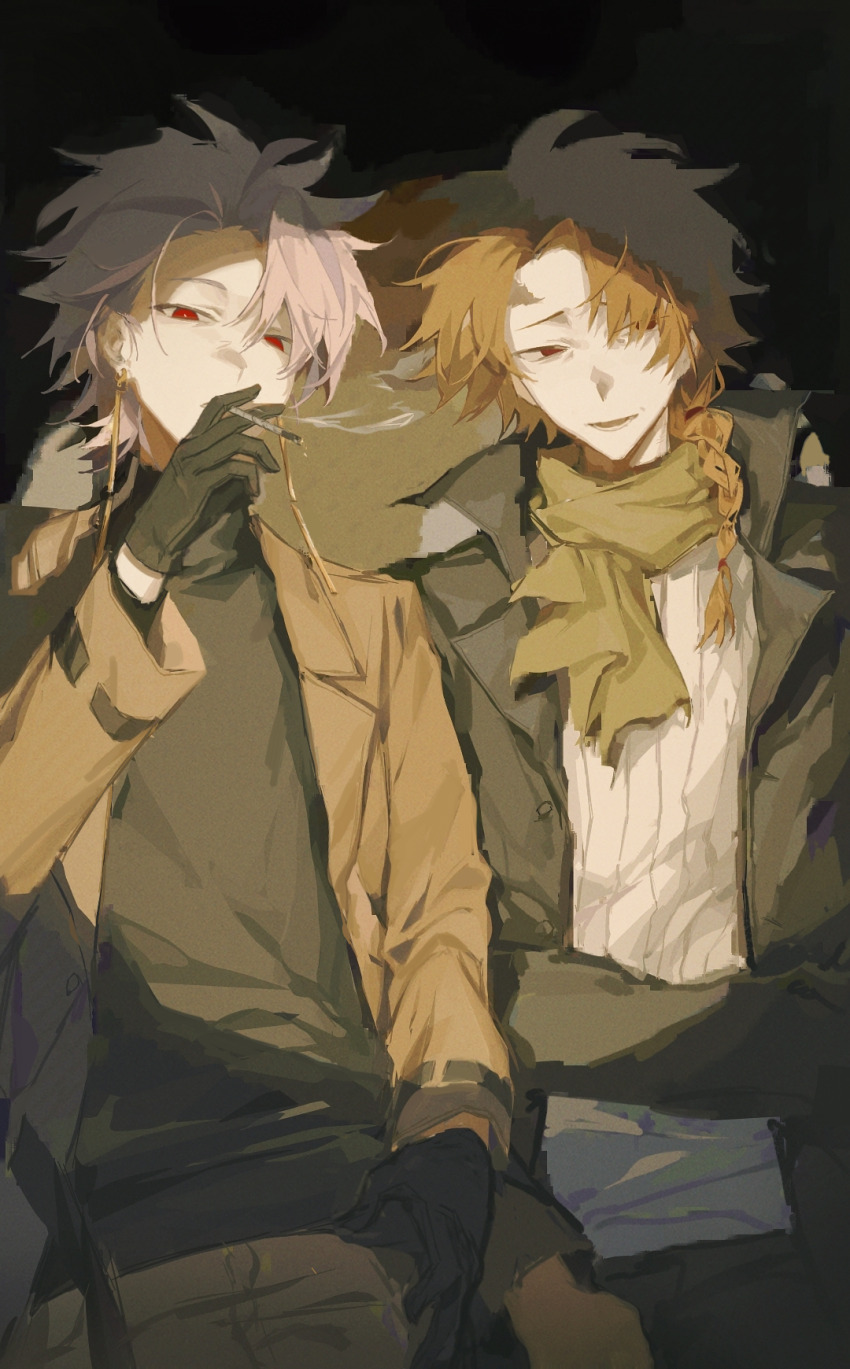 2boys, black_coat, black_gloves, black_sweater, braid, brown_coat, brown_hair, brown_pants