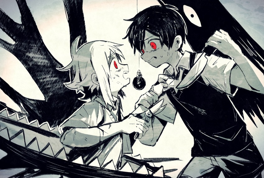 2boys, basil_(faraway)_(omori), basil_(omori), black_hair, black_vest, clenched_teeth, clothes_grab, collared_shirt