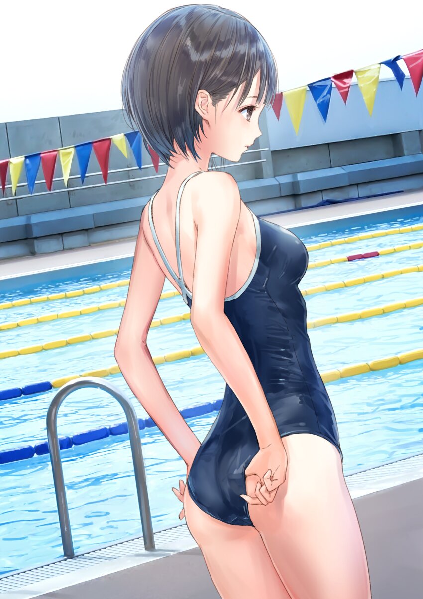 1girl, absurdres, adjusting_clothes, adjusting_swimsuit, ass, bare_shoulders, black_hair, blue_reflection_(series)
