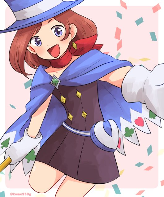 1girl, :d, ace_attorney, blue_eyes, blue_hat, brown_hair, cape, confetti