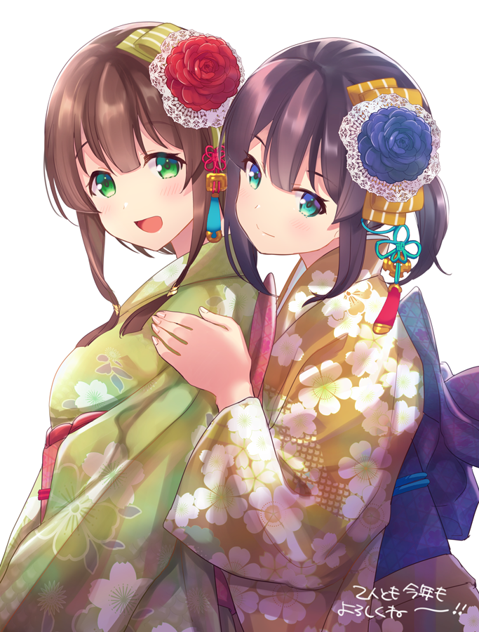2girls, blue_eyes, blunt_bangs, brown_hair, closed_mouth, flower, flower_knot, from_side